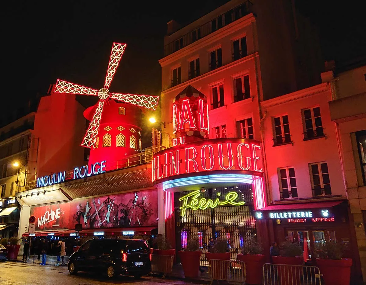 The famous red windmill of the Moulin Rouge cabaret in Paris