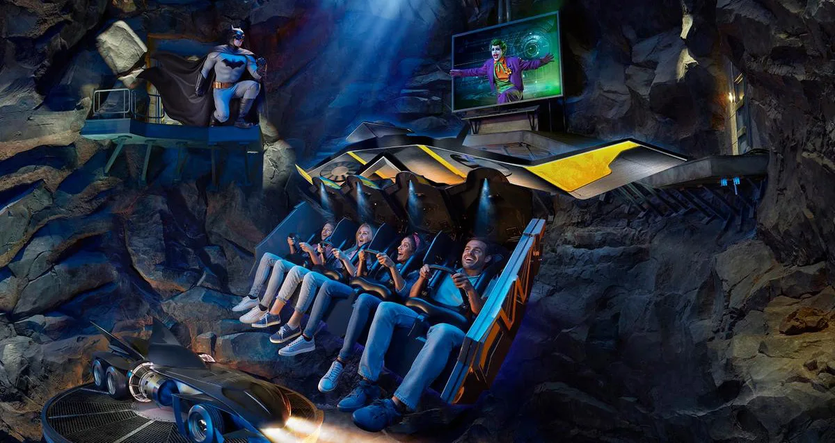The Wayne Tech ride vehicle for the Batman Knight Flight robotic arm dark ride