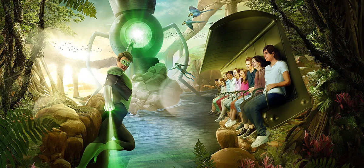 The facade of the Green Lantern Galactic Odyssey flying theatre