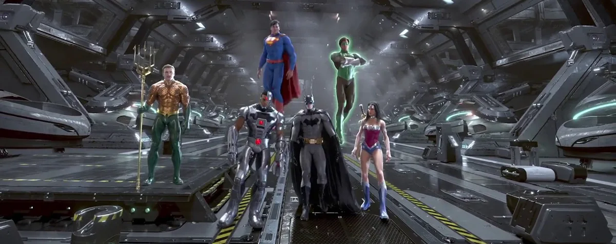 Cyborg and the Justice League animatronics on the Warworld Attacks ride