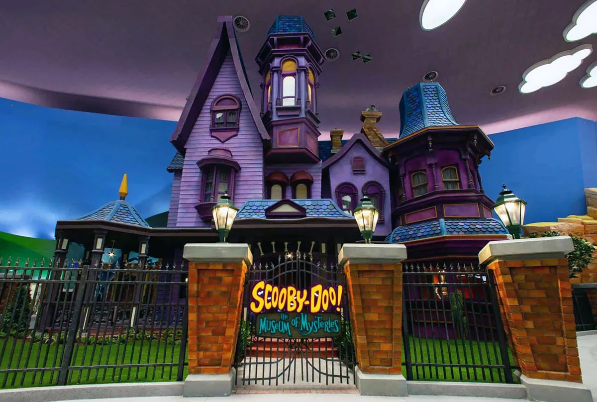 The Mystery Machine outside the Museum of Mysteries trackless dark ride