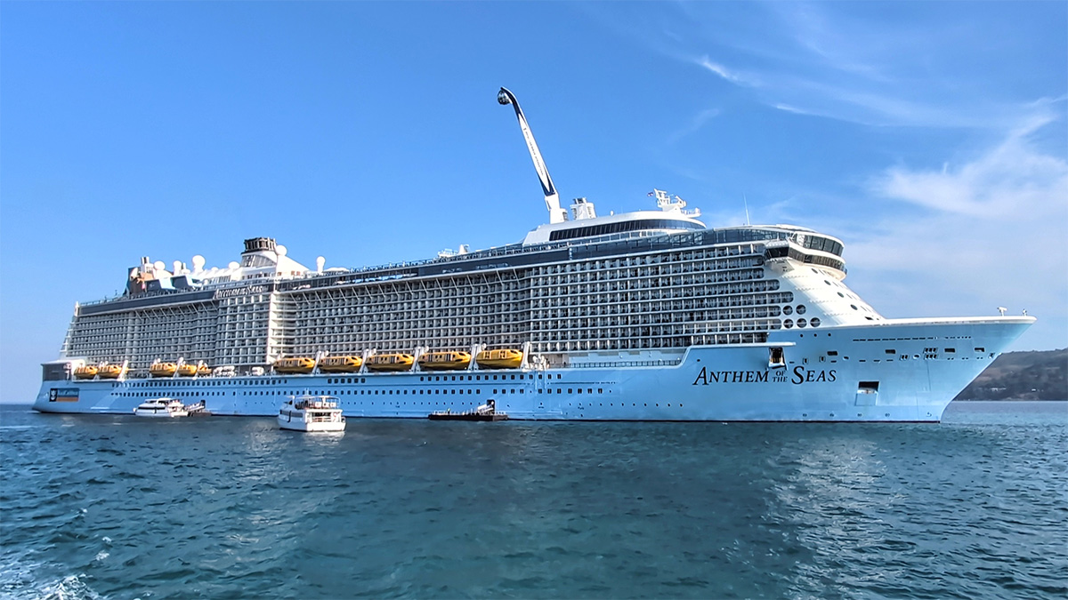 The Anthem of the Seas cruise ship anchored off the coast of Patong Beach in Phuket