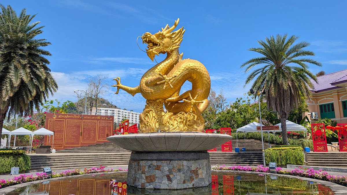 The golden Hai Leng Ong Statue (Dragon Statue) in Phuket Old Town, Thailand