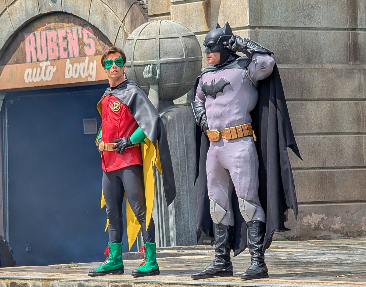 Actors dressed as Batman and Robin performing in the Gotham City Stunt Show