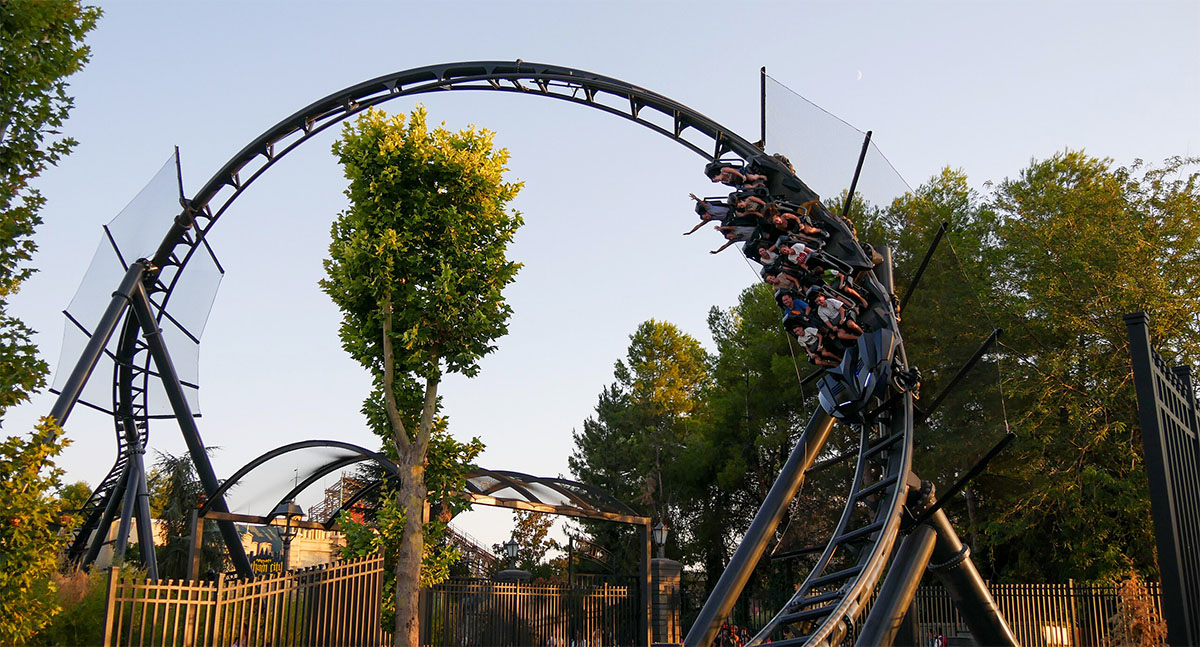 The launch track and top hat inversion of the Batman Gotham City Escape roller coaster in the Gotham City area