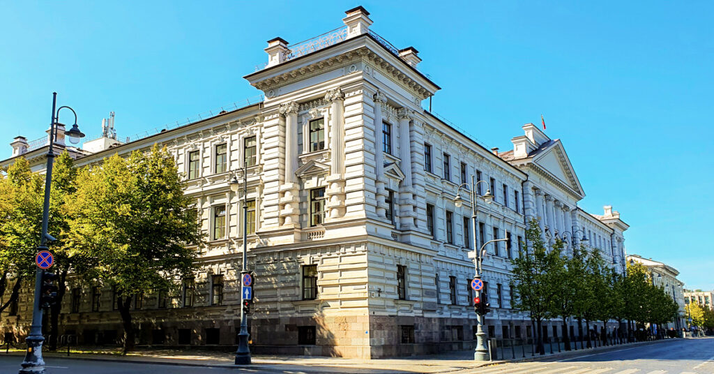 An exterior shot of the Museum of Occupations and Freedom Fights AKA the KGB Museum in Vilnius, Lithuania