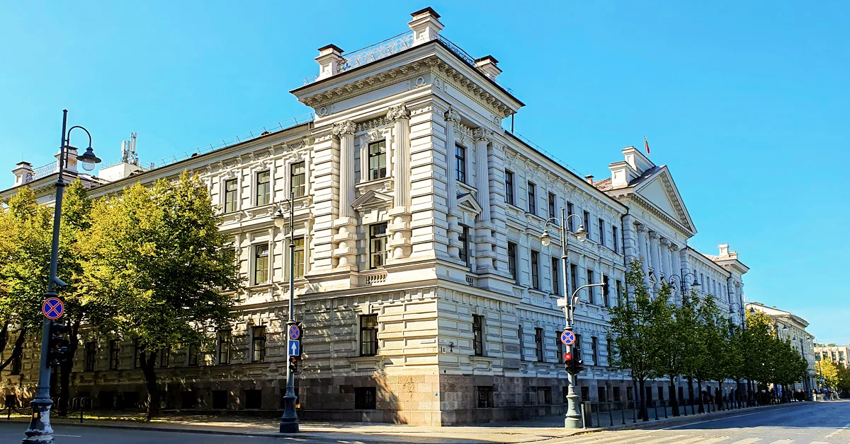 An exterior shot of the Museum of Occupations and Freedom Fights AKA the KGB Museum in Vilnius, Lithuania