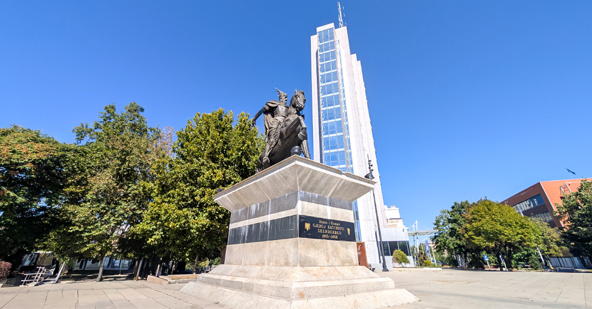 This is the Skanderbeg Monument located in Skanderbeg Square in Pristina, the capital city of Kosovo.