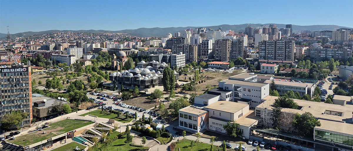 Panoramic views of the National Library of Kosovo and the city skyline from the bell tower