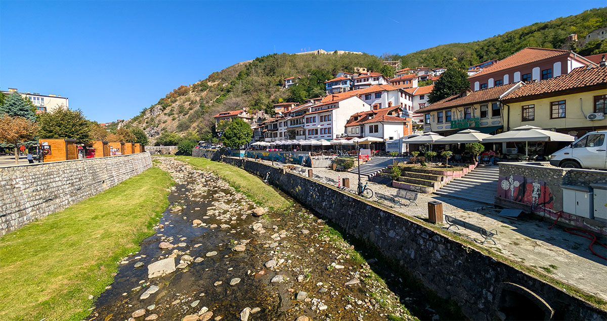 A view of the shallow river running through the centre of the city during our Prizren day trip
