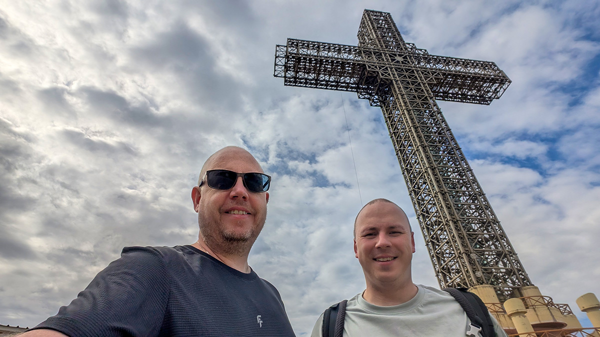 Kolyn and Denis at the base of the Millennium Cross on Mount Vodno near Skopje