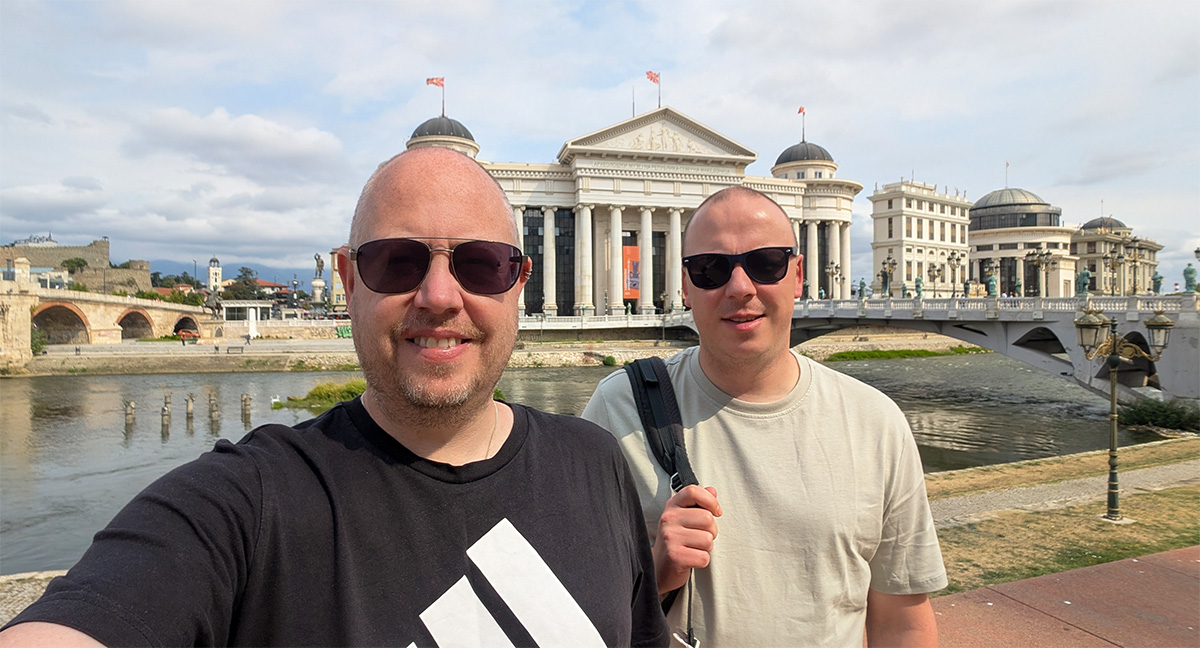Kolyn and Denis outside the Archaeological Museum of North Macedonia - Skopje travel guide