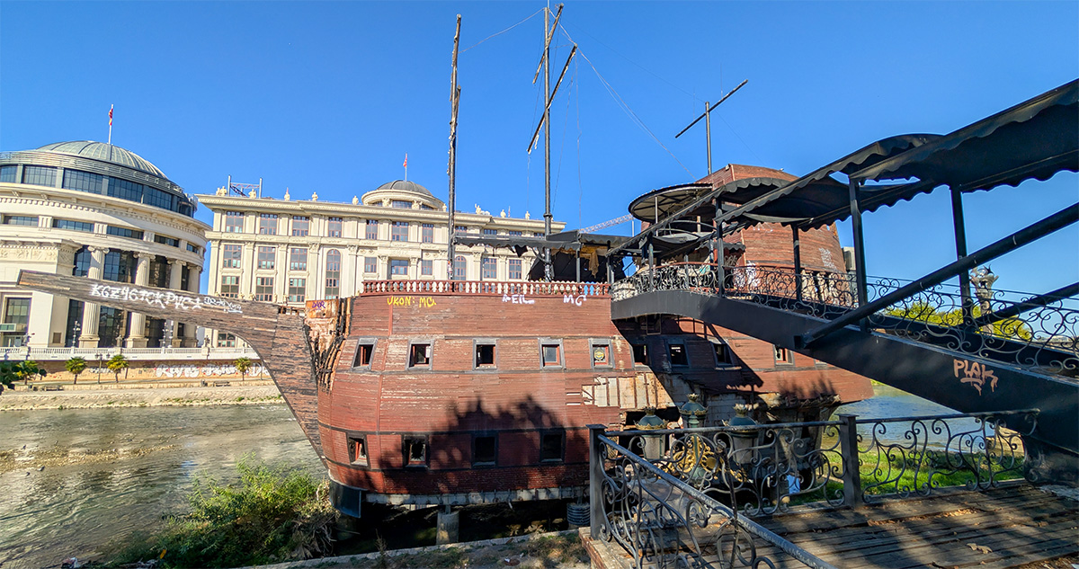 An abandoned pirate ship in the Vardar River - quirky Skopje city break