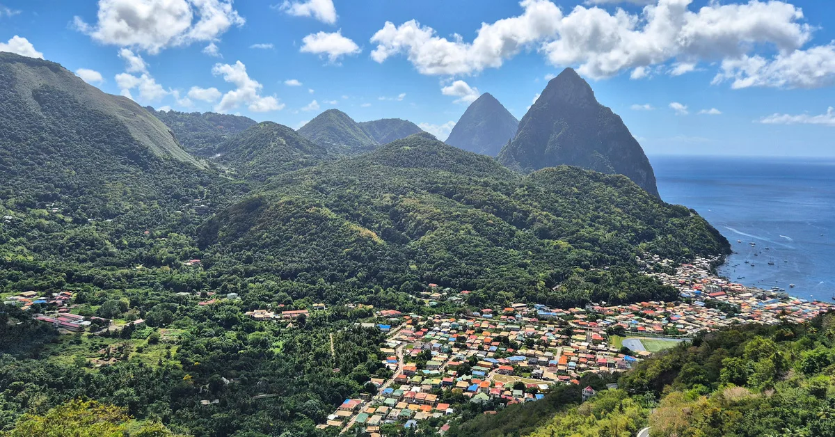 A view of the Pitons in Soufriere, St Lucia