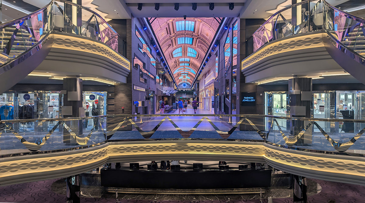 Looking down at the sparkling Grand Atrium on the MSC Virtuosa cruise ship