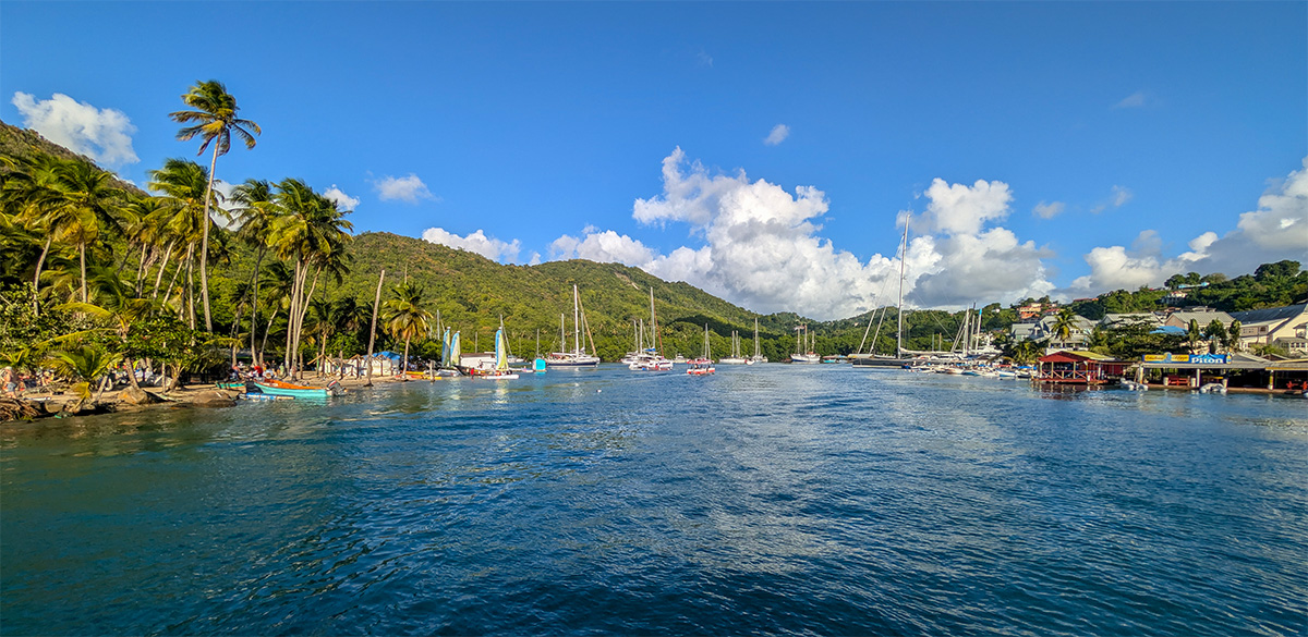 Aerial view of Marigot Bay in St Lucia, a popular movie filming location