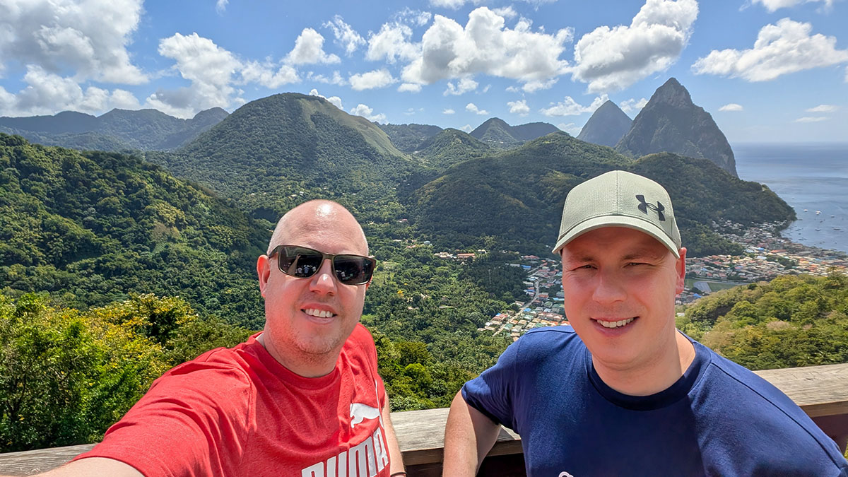 The Curious Tourists posing in front of the Pitons in St Lucia