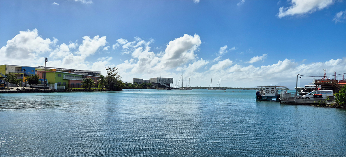 View of the harbour and Memorial ACTe building from Victory Square in Pointe-à-Pitre