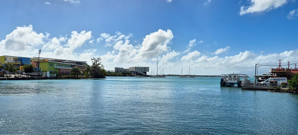 View of the harbour and Memorial ACTe building from Victory Square in Pointe-à-Pitre