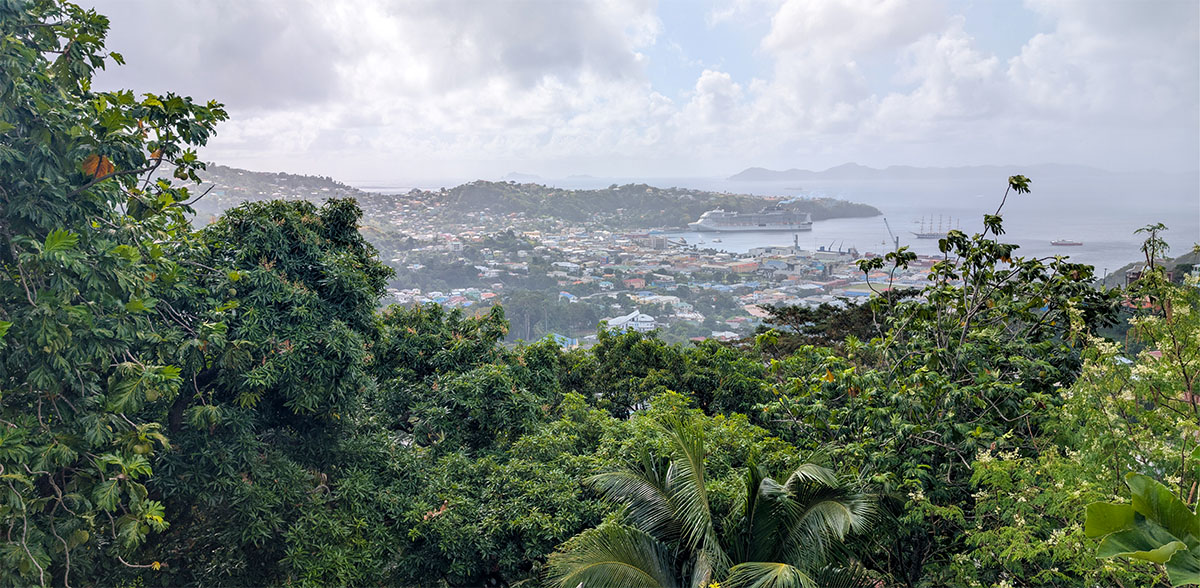 View over Kingstown cruise port and the MSC Virtuosa docked in St Vincent