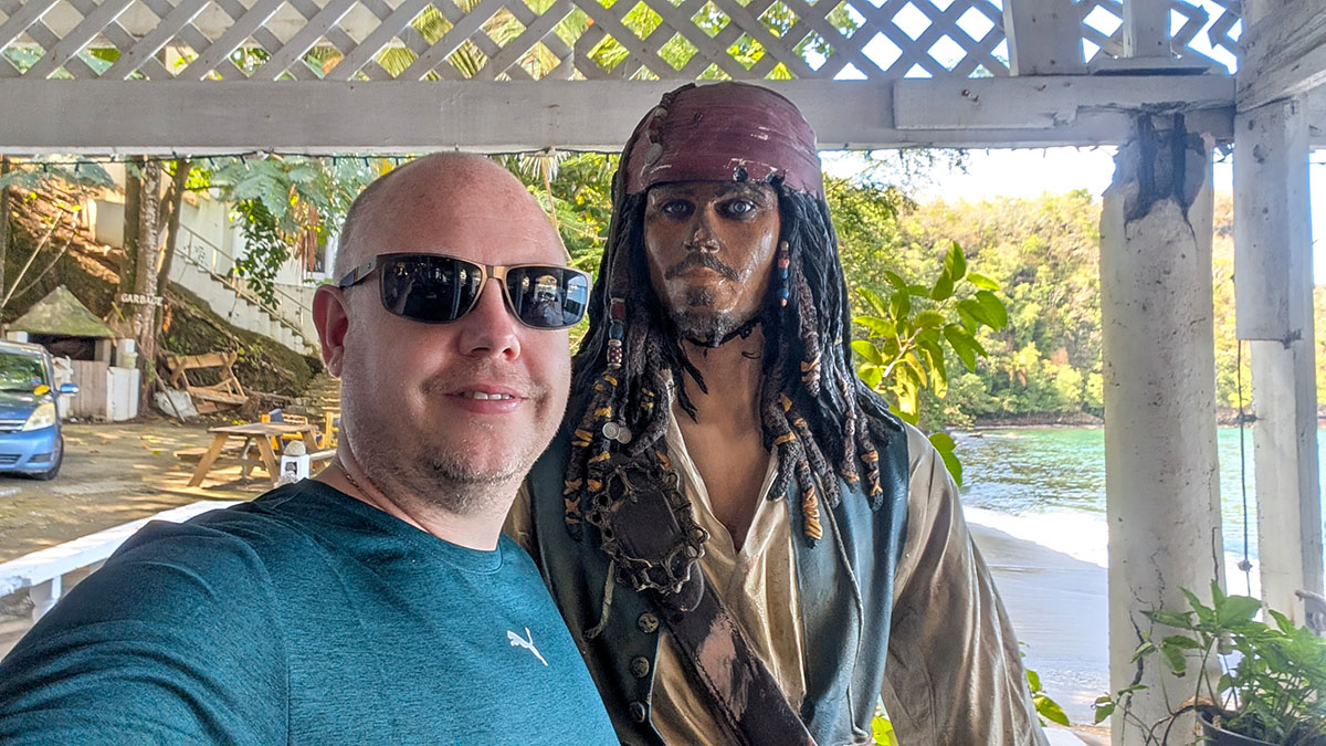 Captain Jack Sparrow statue at Wallilabou Bay St Vincent cruise excursion