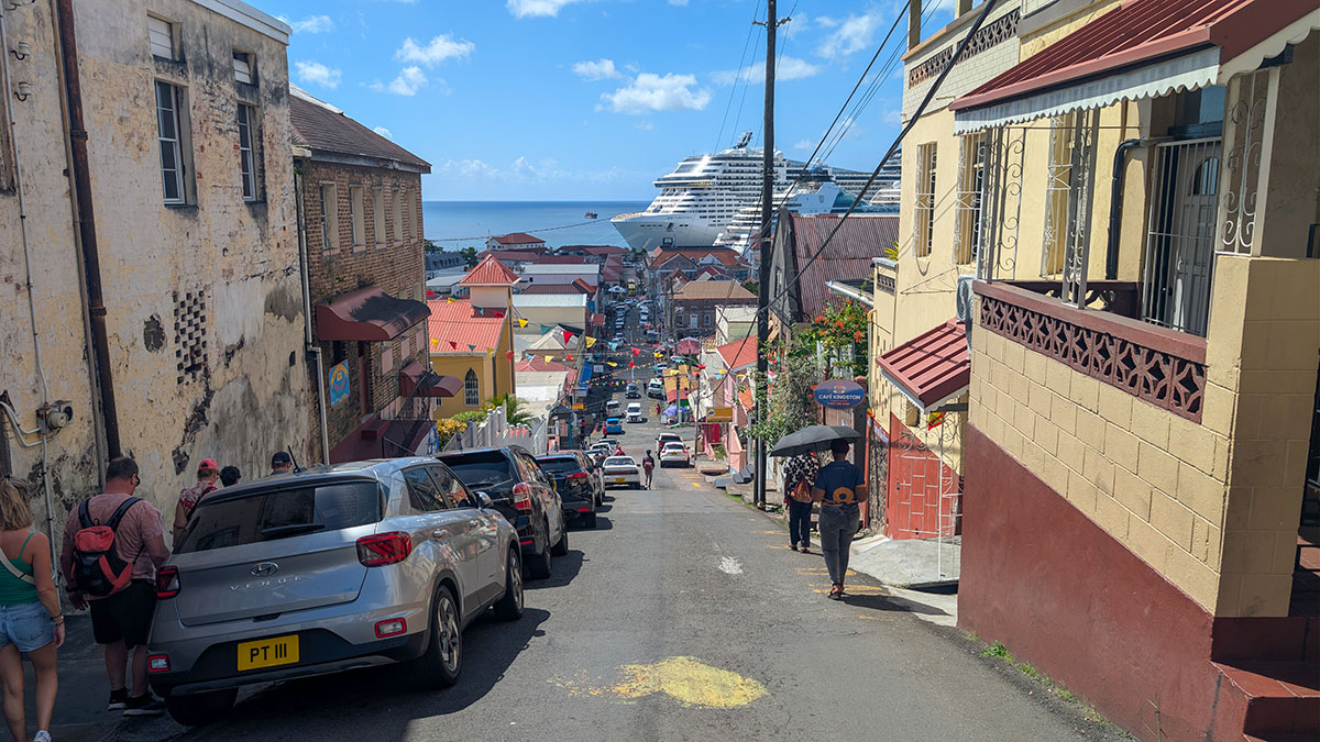 View of the Esplanade Mall cruise terminal and docked ship from a steep hill in St George's Grenada