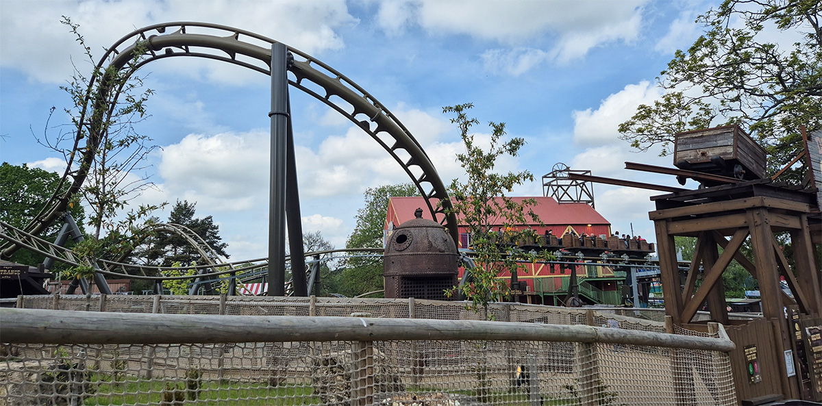 The new Gold Rush family roller coaster train on the track at Frontier Falls in Drayton Manor
