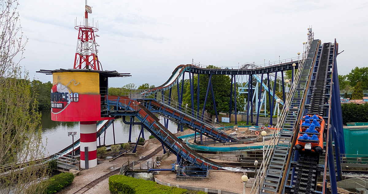 Stormforce 10 water flume ride at Drayton Manor Theme Park showing the double drops